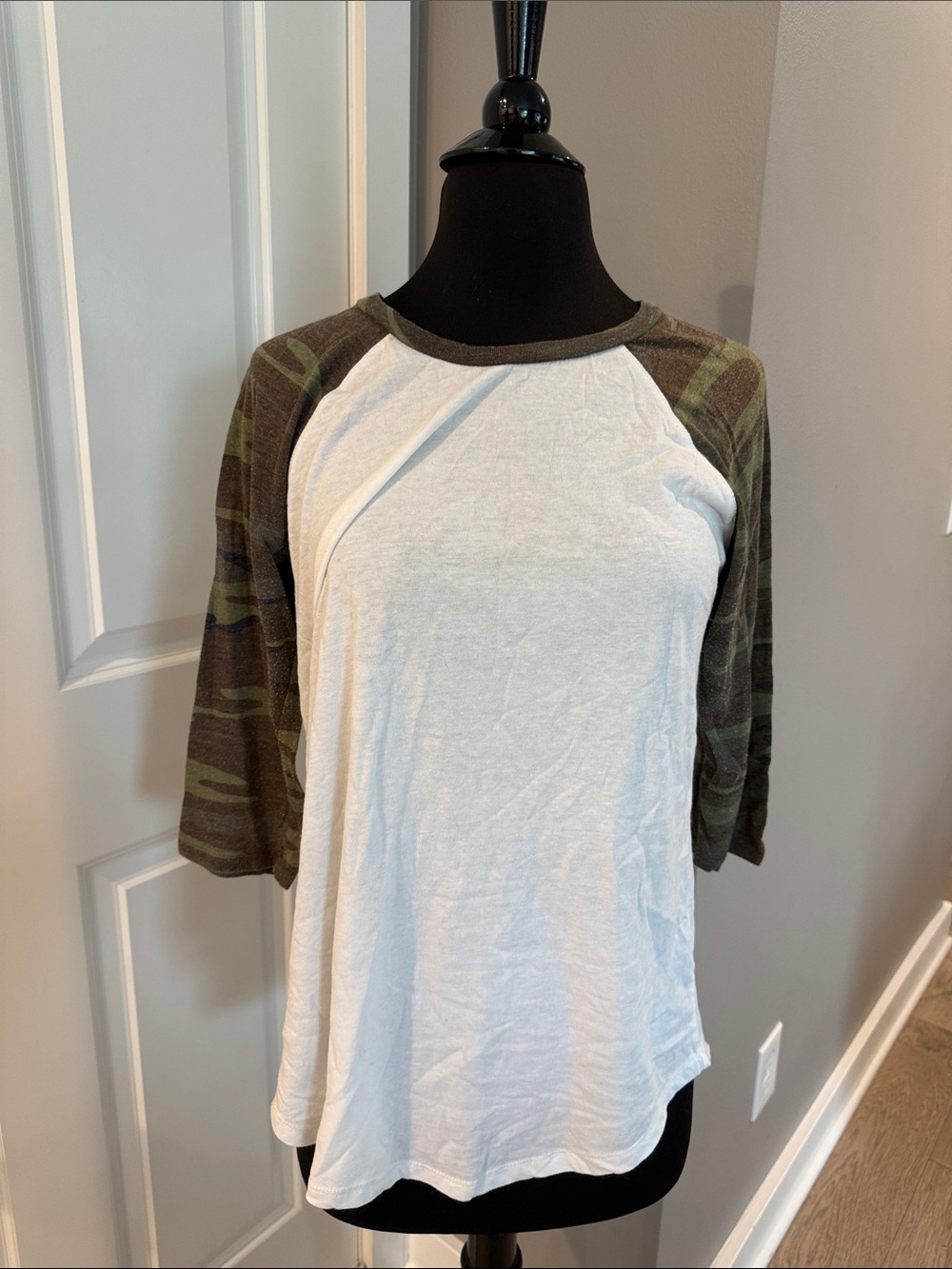 Z Supply White Raglan Tee with Olive Camo Sleeves